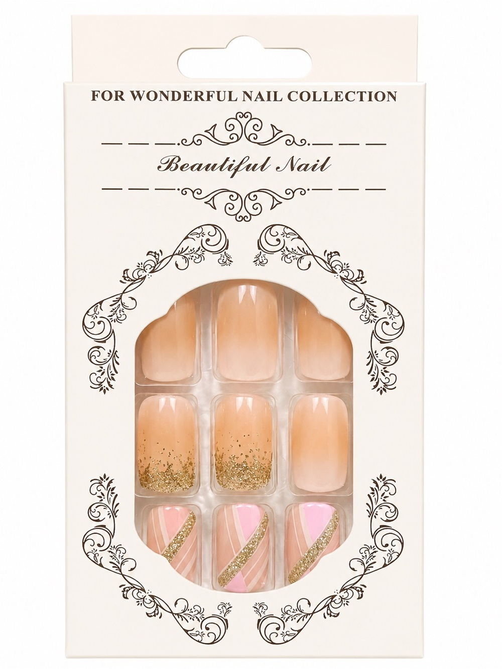 Nude Pink Gold Glitter Press On Nails 24pc Elegant Glam Set NEW